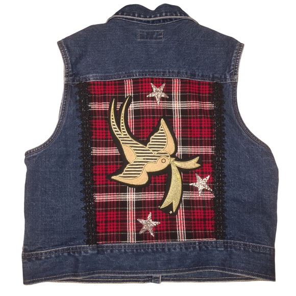 Upcycled Red Plaid Stars Rocker Punk Denim Vest - Picture 12 of 13
